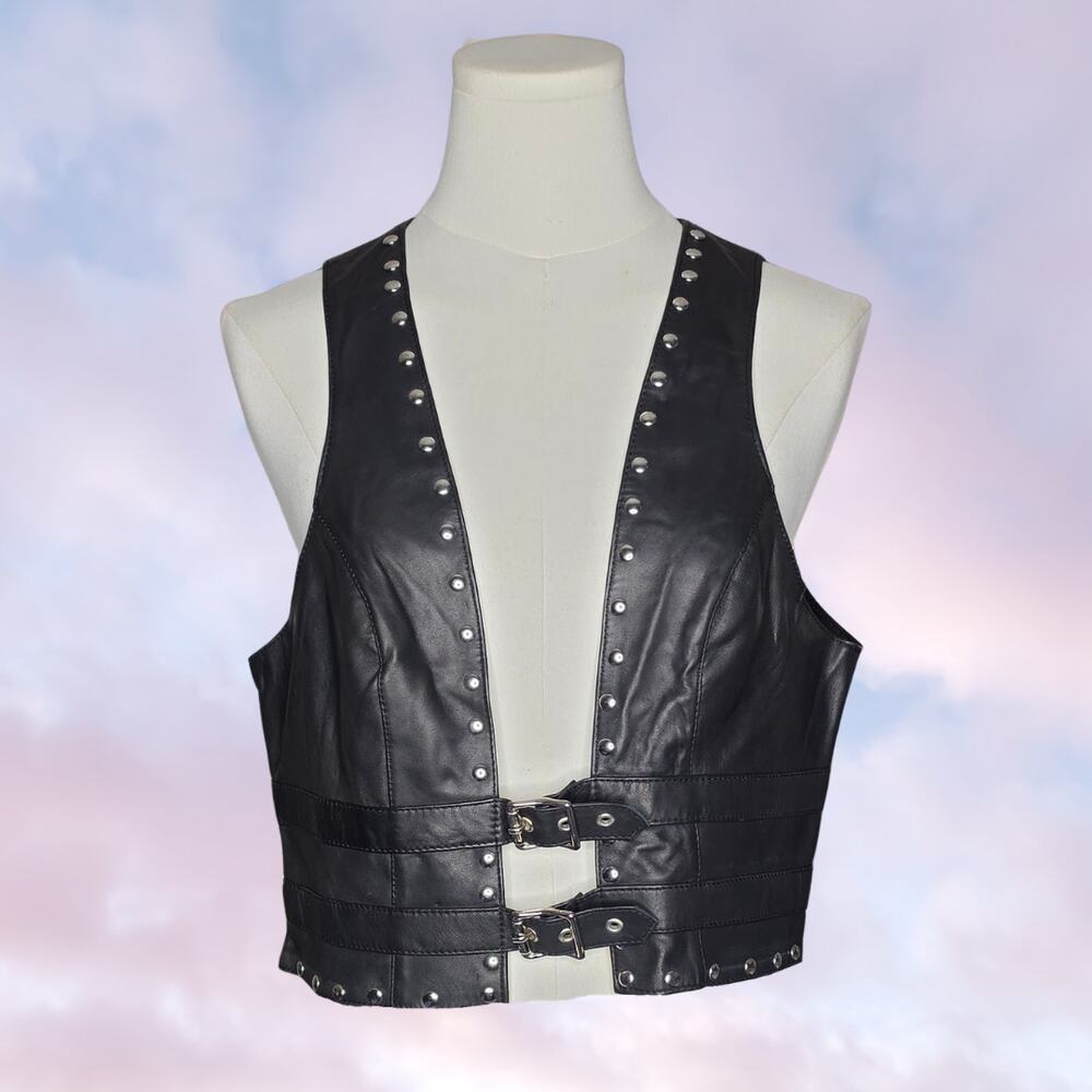 Y2K Elegant Moments Black Leather Studded Buckle Front Cropped Biker Vest Size L